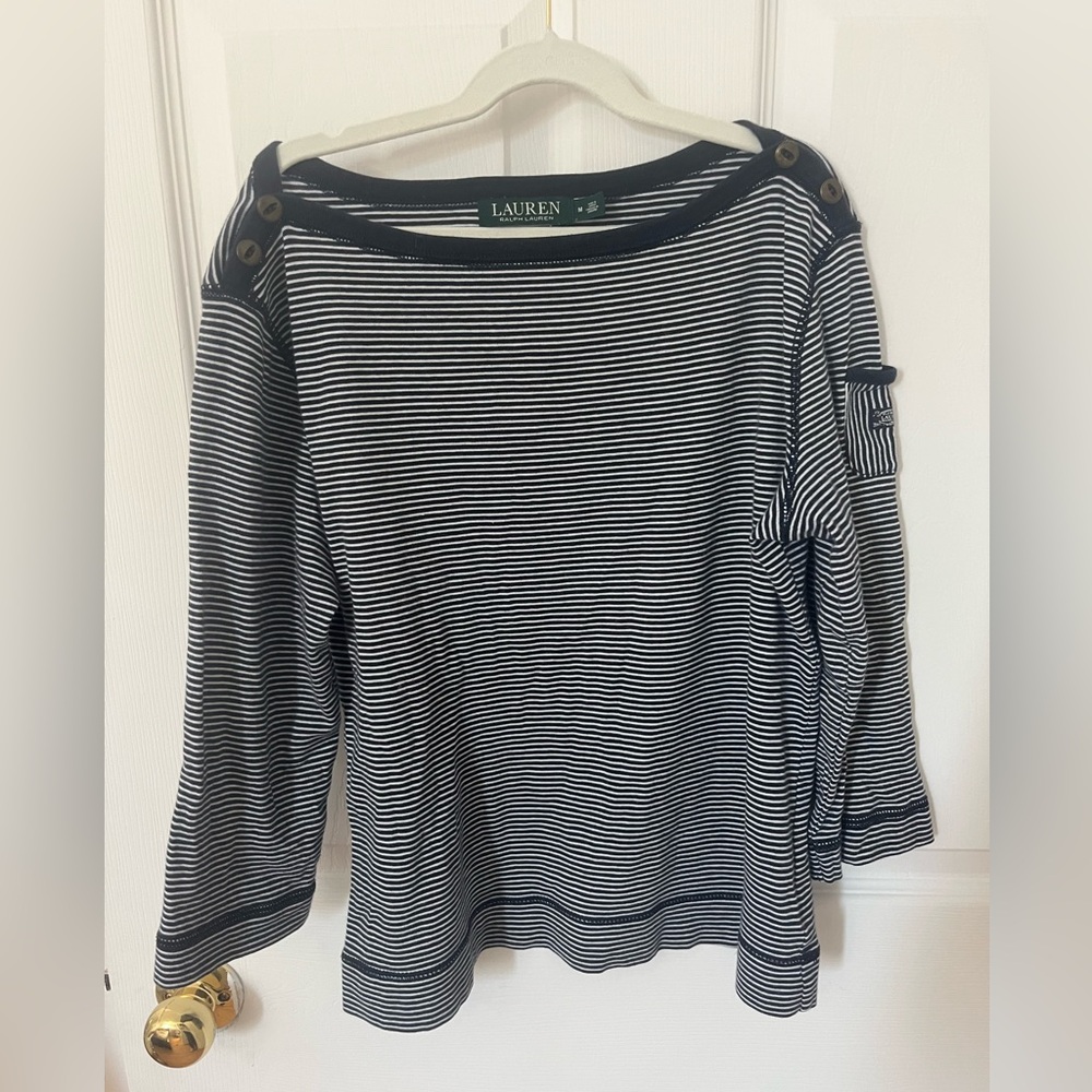 Ralph Lauren 3/4 Sleeve Striped Cotton Sweater with Button Detail on Shoulders